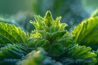 Fresh morning dew drops glisten on vibrant green cannabis leaves creating natural patterns in soft bokeh background, macro nature photography.