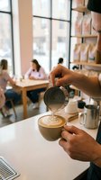 Barista pouring steamed milk into espresso cup creating latte art in busy coffee shop with customers and shelves in background, suitable for cafe, restaurant, and beverage industry marketing.