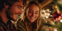 Young couple sharing intimate moment during Christmas celebration with warm festive lights creating romantic holiday atmosphere.