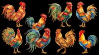 Rooster collection featuring multiple colorful birds with vibrant plumage in red, gold, and blue tones, isolated on transparent background, ready for t-shirt design, clipart, and print-on-demand projects.
