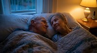 Senior Caucasian couple lying together in bed at night, intimate moment between elderly husband and wife in cozy bedroom with warm lamp lighting.