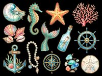 Watercolor nautical clipart set with seahorse, mermaid tail, anchor, shells, compass, and starfish, isolated on transparent background for stickers, t-shirts, print on demand.