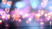 Glowing pink heart bokeh lights reflecting on calm water surface against dark blue background, creating romantic dreamy atmosphere for Valentine's day designs.