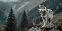 Majestic gray wolf standing on rocky mountain terrain with evergreen forest and misty peaks in background, showcasing wild nature and wilderness predator.