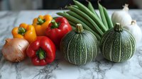 Fresh seasonal vegetables including green pumpkins, colorful bell peppers, green beans and onions arranged on marble surface for healthy cooking and meal preparation.