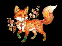 Decorative fox with floral patterns, cherry blossoms, and festive ornaments, isolated on transparent background. Great for stickers, t-shirt design, and print on demand.