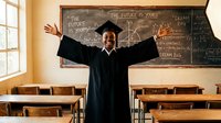 Happy African American male graduate in black cap and gown celebrating with raised arms in classroom with mathematical equations on chalkboard.