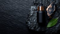 Black cosmetic bottle with gold dropper cap on dark stone surface with green leaf, dramatic lighting creates luxury skincare product presentation.