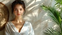 Young Asian woman in white dress with natural sunlight and palm leaf shadows on wall, soft smile and relaxed pose creating serene spa or wellness atmosphere.