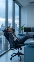 Relaxed businessman taking break in modern office chair with city skyline view through large windows during evening hours for workplace wellness concepts.
