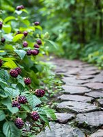 Fresh blackberries growing wild along stone garden path with green foliage background, shallow depth of field creates dreamy summer atmosphere.