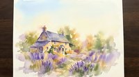 Watercolor painting of rustic cottage surrounded by purple lavender fields in countryside landscape with soft brushstrokes and warm golden light.