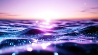 Abstract purple ocean waves with sparkling water droplets at sunset. Dreamy seascape with bokeh effects and soft lighting for meditation and wellness content.