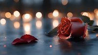 Red rose with fallen petals on reflective surface with warm bokeh lights creating romantic atmosphere for Valentine's Day or anniversary celebrations.