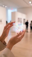 Hands holding glowing holographic sphere with colorful light effects in modern gallery space representing innovation technology and digital transformation.