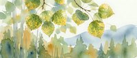 Watercolor painting of birch tree branches with green leaves hanging over serene forest landscape in soft natural tones for botanical art and nature decor.
