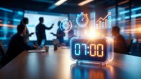 Digital clock displaying 01:00 in modern boardroom with business professionals and holographic data analytics icons for corporate time management presentations.