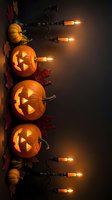Halloween jack-o-lantern pumpkins with glowing candles and autumn leaves creating spooky atmospheric decoration for October holiday celebrations.