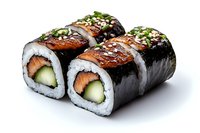 Fresh sushi rolls with grilled eel, cucumber, rice, and nori, topped with sesame seeds and sweet sauce on white background, isolated food photography.