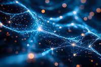 Glowing blue network connections with light particles and bokeh effects on dark background, representing digital technology and neural networks.