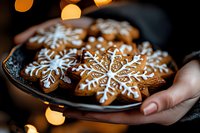 Freshly baked gingerbread snowflake cookies with white icing decoration on dark plate against warm bokeh lights background, festive holiday baking.