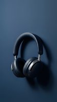 Modern black wireless headphones on blue background for music streaming and audio entertainment technology marketing materials.