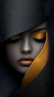 Mysterious woman in black hood with golden eyeshadow and bronze lips, dramatic lighting creates contrast between dark fabric and illuminated features.