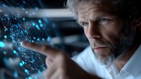 Mature bearded scientist interacting with glowing blue holographic data visualization display, demonstrating future technology in modern laboratory setting.