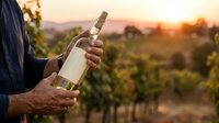 Winemaker holding bottle of white wine in vineyard at sunset, suitable for wine industry marketing, hospitality, and agricultural publications.