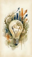 Watercolor lightbulb with gears and rising chart arrows symbolizing innovation, growth and business success on textured paper background.