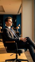 Young Caucasian businessman in dark suit sitting in office chair, looking away thoughtfully. Confident professional in modern workspace with warm sunlight.