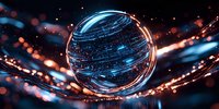 Futuristic digital sphere with glowing blue and orange light trails against dark background, representing global technology and data visualization.
