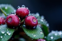Fresh red berries covered in morning dew drops against dark background, macro photography shows water droplets on leaves and fruit creating natural bokeh effect.