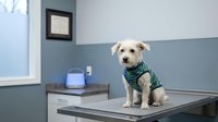Cream-colored small dog wearing green checkered shirt sitting on examination table in veterinary clinic with blue and white walls.