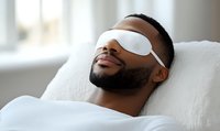 African American man wearing sleep mask resting peacefully on white pillow, wellness and relaxation concept for healthy sleep habits and stress relief.