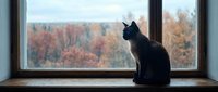 Black cat silhouette sitting on windowsill looking out at colorful autumn forest landscape through large window frame creating peaceful indoor scene.