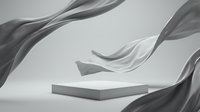 White square podium with flowing silk fabric waves on light gray background, elegant product display stage for luxury showcase presentation.