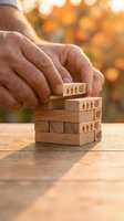 Senior businessman hands carefully placing wooden blocks with growth arrows and target symbols on desk during golden hour for strategic planning concepts.