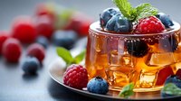 Fresh berries and mint garnish floating in golden cocktail with ice cubes, close up view on dark background. Refreshing summer drink presentation.