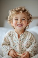 Joyful Caucasian toddler with curly blonde hair and bright smile wearing floral pattern pajamas, sitting on white bedding in natural morning light.