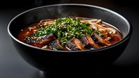 Asian noodle soup with sliced beef, green onions and sesame seeds in dark ceramic bowl on black background, dramatic food photography.