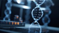 Digital visualization of DNA double helix structure in blue tones against dark background, representing genetic research and biotechnology.