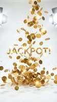Golden coins cascade downward with the word jackpot displayed in coin-shaped letters, symbolizing wealth, lottery wins, and financial success for gaming and promotional materials.