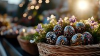 Decorated Easter eggs with intricate folk patterns in wicker basket surrounded by spring flowers and soft bokeh lights create festive holiday atmosphere.