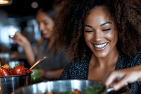 Young African American woman with natural curly hair laughing while preparing healthy meal in kitchen, fresh vegetables on counter, lifestyle cooking scene.