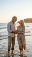 Happy senior couple walking hand in hand on beach at sunset enjoying romantic vacation together in golden hour light.