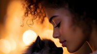 Young African American woman with curly hair in tender moment with black cat against warm golden bokeh background, profile view showing emotional connection.