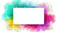 Colorful watercolor splash frame with gift boxes and party elements on white background for celebration designs and greeting cards.