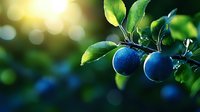 Fresh ripe blue plums growing on tree branch with green leaves against blurred natural bokeh background in summer garden, organic farming concept.