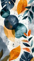 Abstract botanical composition with orange and teal leaves, watercolor circles, and ink splatter on light background. Modern art style for wall decor and textile design.